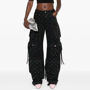 Jeans Anchos Negros con Pedrería de Colores, de Alta Calidad, para Mujer, con Múltiples Bolsillos, Estilo Cargo - Product Image 2