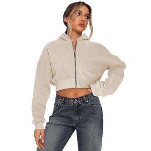 Sudadera con Capucha Holgada de Forro Polar para Mujer, Estilo Corto, Moda Urbana Europea y Americana, Manga Regular, Color Sólido, Otoño-Invierno - Product Image 5