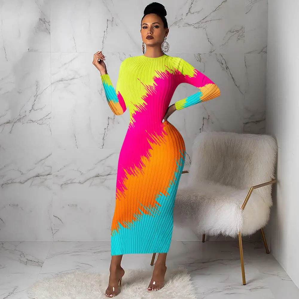 Plus size women's dresses Rainbow Contrast Color Positioning Print Slim Sexy Pit Striped Dress african women dresses