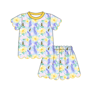 GSSO3539 Conjunto Infantil Personalizado para Niña con Diseño de Girasoles, Manga Corta y Borde Festoneado, Venta al Por Mayor - Product Image 3