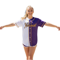 Jersey Baseball Custom Berhias Rhinestone Cetak Transfer Panas Ungu Putih Kancing Depan Grosir Seragam Tim