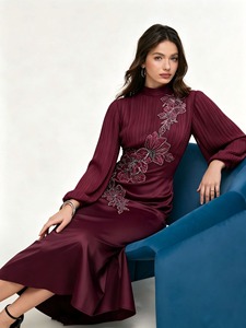 Women's High Neck Eid Muslim Fashion Satin Natural Maxi A-Line Abaya Bubble Sleeve Embroidery Side Slit Ramadan <b>Dubai</b> <b>Kaftan</b> - Product Image 1