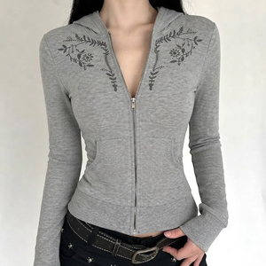 Women Floral Embroidery <b>Zip</b> Up Hoodie Slim Fit Grey Sweatshirt Jacket Casual Streetwear Long Sleeve Outerwear - Product Image 1