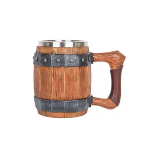 Simulation Wooden Barrel Beer Cup Double Wall Metal Insulated