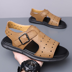Men's Flat <b>Sandals</b> Summer Breathable Hollowed Out Casual Beach Shoes Korean Style Slip On Khaki Black - Product Image 3