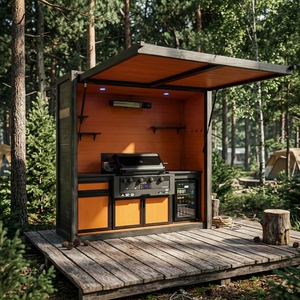 Abri de cuisine extérieur modulaire résistant aux intempéries en acier inoxydable/aluminium avec barbecue, évier et armoire, toité pour jardin et terrasse - Product Image 1