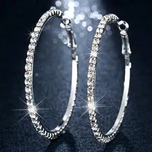 Emas Perak Disepuh Lingkaran Besar Tipis Rhinestones Anting Telinga Paduan Kristal Besar Hoop Earrings Wanita