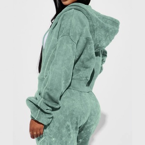 Survêtement pour femme 430 g/m² avec logo personnalisé du fabricant, pantalon de jogging à capuche confortable, délavage effet pierre, fermeture éclair de qualité - Product Image 2