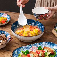 Piring Makan Rumah Gaya Jepang Hidangan Kecil Mangkuk Nasi Mangkuk Mie Instan Sumpit Sendok Pola Bunga Peony 2024 Baru