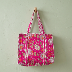 100% Cotton Hand Block Printed Quilted Traditional Indian French Country Style Storage <b>Tote</b> <b>Bags</b> Large Capacity Food Jewelry - Product Image 2