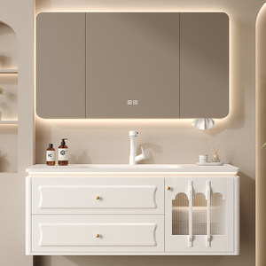 French style rock slab ceramic integrated basin intelligent LED lighting <b>mirror</b> milk oil wind storage bathroom cabinet - Product Image 2