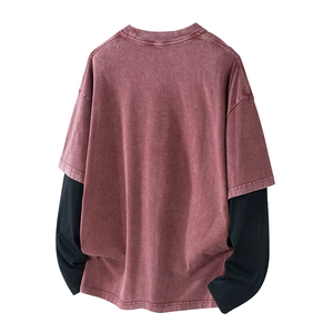 T-shirt décontracté surdimensionné pour homme de haute qualité, style vintage délavé à l'acide, manches contrastantes, faux deux pièces, manches longues, vente en gros - Product Image 4