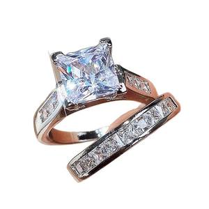 <b>Square</b> Zirconia Couple Rings <b>Set</b> Channel Setting Engagement Jewelry Gold And Silver Zinc Alloy Geometric Design - Product Image 5