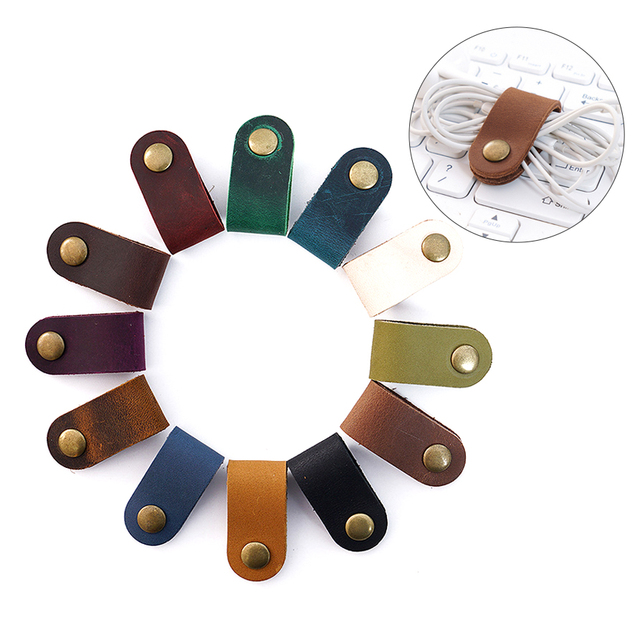 Creative Gifts Cowhide Cable Collector Headphone USB Protector Cord Holder Buckle Storage Giveaway Cable Winder PU Leather Hubs