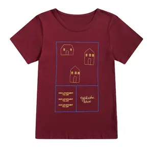 Kaus katun penjualan langsung pabrik baru Musim Panas 2024 atasan merah anak perempuan T-shirt teks bordir huruf asli musim panas lengan pendek c