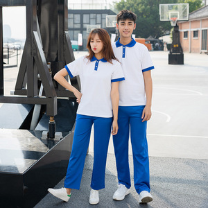 School Uniform White Blue Polo Shirt Long <b>Pants</b> Set For High School Students Summer Wear Unisex - Product Image 1