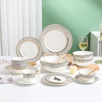 Service de vaisselle de luxe nordique géométrique en céramique, assiettes à soupe avec bord doré, motif linéaire moderne noir et blanc, pour mariage, fête, maison