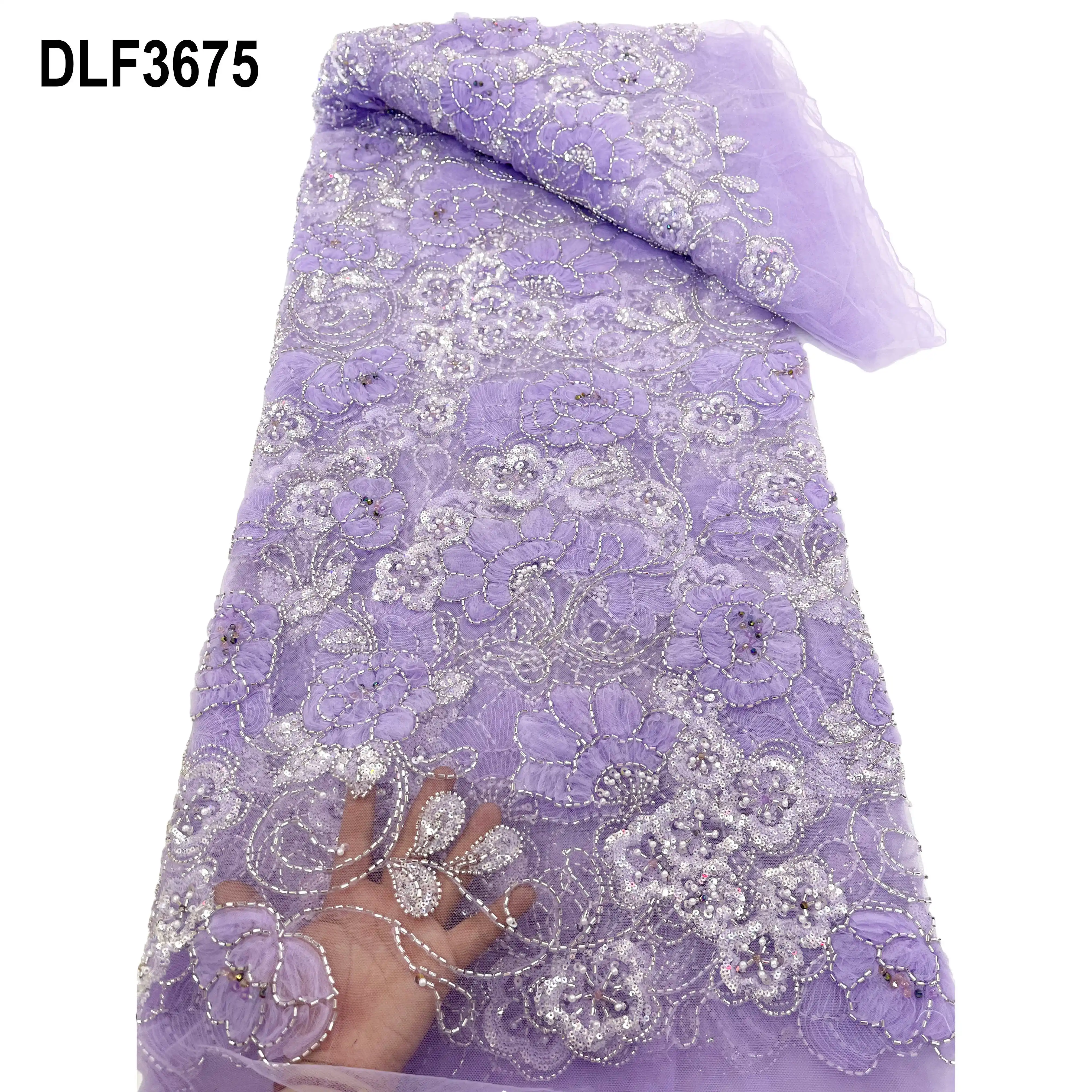 Cuentas hechas a mano tela de encaje pesado lujo elegante lentejuelas encaje telas bordado francés con apliques 3D encaje con cuentas textil