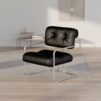 Fauteuil cantilever avec structure tubulaire chromée, assise en cuir marron capitonnée, fauteuil d'appoint pour salon