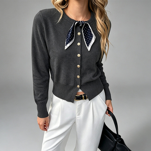 Novo Suéter Cardigã Feminino de Tricô Gola Redonda Macio Estilo Coreano 2026 com Cachecol, Manga Longa Oversized, Elegante e Chique, Personalizado OEM ODM - Product Image 1