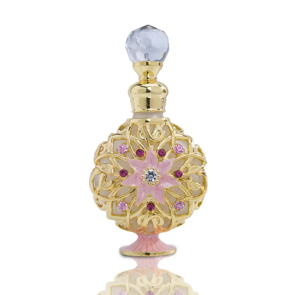 H & D Botol Parfum Kaca Logam Buatan Tangan Czech Vintage Dekorasi Bunga & Garis Emas 10Ml