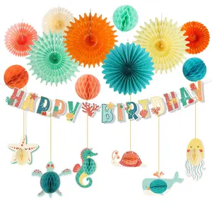 Sea Creatures Birthday Decoration Happy Birthday Garland Paper Fan Seahorse Starfish Birthday Decoration Party Suppliers