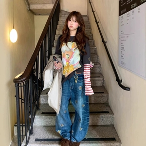 Pantaloni in Denim Sbiadito a Gamba Intera in Cotone, Stile <span class=keywords><strong>Cargo</strong></span> Largo da <span class=keywords><strong>Donna</strong></span> per lo Street Style - Product Image 4