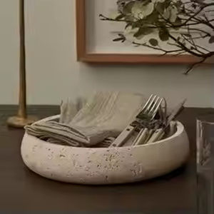 Bol en marbre travertin beige décor à la maison ornement rond religieux <span class=keywords><strong>surface</strong></span> aiguisée assiette de fruits - Product Image 6