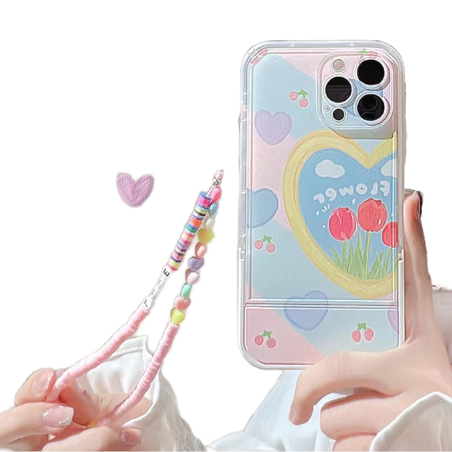 Popular Colourful Heart Pink Rice Bead Chain TPU Shockproof Cartoon Design Mobile Phone Case for 17 16 15 14 13 Pro Max