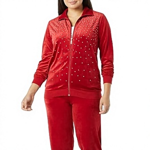 Conjunto de Dos Piezas de Chándal de Terciopelo con Pedrería Personalizado al por Mayor, Chaqueta con Cremallera y Pantalones de Lujo para Mujer - Product Image 1