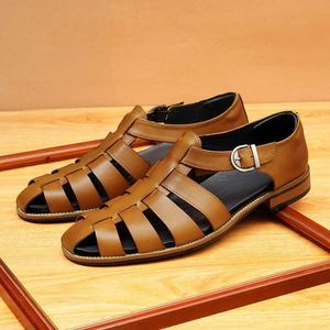 Sandales plates décontractées d'été pour hommes, sandales en cuir véritable respirantes de haute qualité, sandales de marche en plein air - Product Image 5