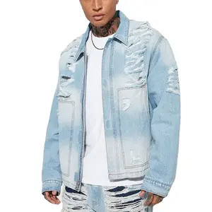 Custom Distressed Jean Jasjes Vintage Wash Denim Bomberjack Voor Mannen