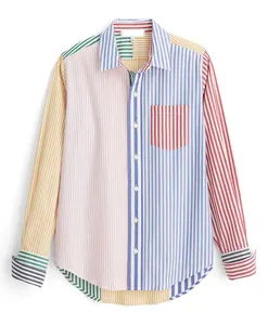 Y2K Fashion Custom Women's Blouse Casual Mixed Stripe Button-Up Multi Stripes Polyester Top ODM Supply Clothing Manufacturer