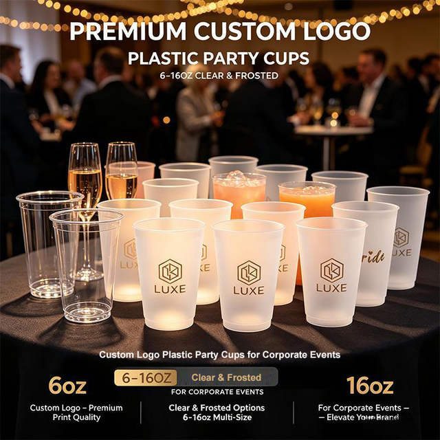 Premium Custom Logo Plastic Party Cups 6-16oz Clear Frosted for Corporate Events