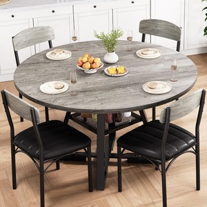 Simple <b>round</b> <b>dining</b> <b>table</b> <b>set</b>, extendable wood grain <b>table</b>, leather upholstery, wrought iron <b>dining</b> chairs, small apartment - Product Image 1