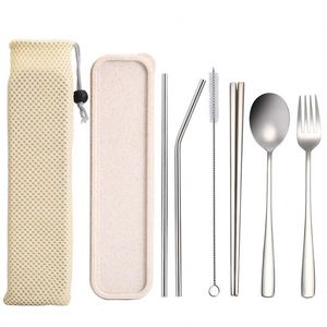 Juego de Cubiertos Portátiles de Acero Inoxidable para Viajes al Aire Libre, Cuchillo, Cuchara, Tenedor, Palillos, Pajita, con Caja - Product Image 2