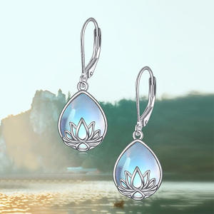 E3484 White Gold <b>Lotus</b> Flower Drop Earrings For Women Bohemia Style Shell Inlay Bezel Setting Fashion <b>Jewelry</b> - Product Image 6