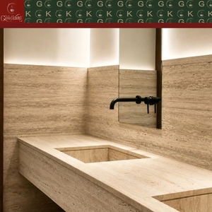 GOLDKING <span class=keywords><strong>Lavabo</strong></span> Doble de Grado Comercial, Moderno, Montado en la Pared, con Encimera de Travertino, Vetas Beige Cálido, Poros Naturales, Tamaño Personalizado OEM - Product Image 4