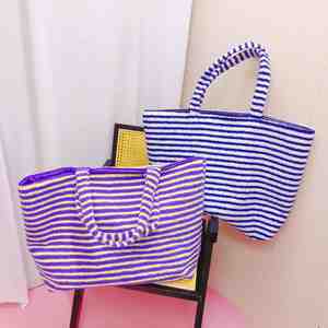 20 Inches Luxury Striped Terry Cloth Carry <b>Tote</b> Fashion Portable Beach <b>Bag</b> Plush <b>Shoulder</b> <b>Strap</b> Large Capacity Shopping Travel - Product Image 5