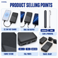 Batterie externe 10000mAh 22.5W à charge rapide, ultra-mince 13mm, chargeur portable double sortie USB, panneau texturé en tissu pour les voyages