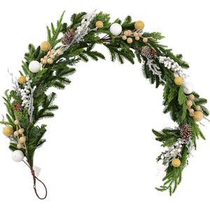 Guirlande de Noël Artificielle Classique, Durable et Réutilisable, en Pin Vert Éternel avec <span class=keywords><strong>Baies</strong></span> Blanches, Accents Dorés et Cônes de Pin pour Cheminée - Product Image 1