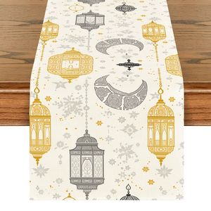 Nappe blanche d'été pour le Ramadan avec motif étoile et lune dorés, chemin de table assorti pour <span class=keywords><strong>cuisine</strong></span>, salle à manger, patio, idéal pour l'Aïd - Product Image 1