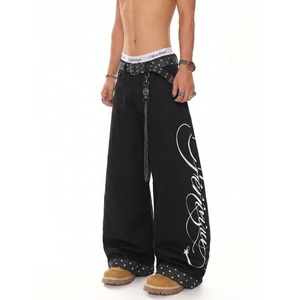 Black Wide Leg Men <b>Jeans</b> Printed <b>Flared</b> Denim Look Casual Streetwear Trousers for Autumn - Product Image 2