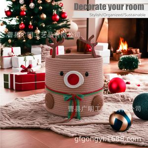 Christmas Reindeer Cotton Rope Woven <b>Storage</b> <b>Basket</b> Round Brown <b>Large</b> Capacity Clothing Organizer Home Decoration - Product Image 3