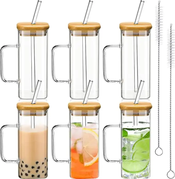 Bán Buôn 13.5 Oz Ly Cà Phê Với Màu Tay Cầm Vuông Ly Thủy Tinh Có Nắp Đậy Và Ống Hút Sáng Tạo Cao Borosilicate Cốc Thủy Tinh