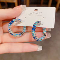 Pendientes de Aro de Zirconia Azules Exóticos de Estilo Étnico Vintage, Versátiles, con Círculo Geométrico Exagerado, Venta al por Mayor
