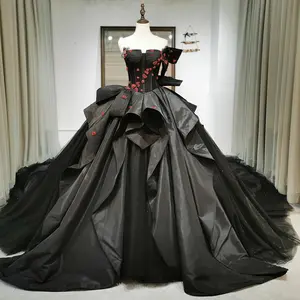 Gaun pesta hitam Gotik bermanik bunga merah gaun pengantin Katedral panjang berenda antik korset Satin Rl289