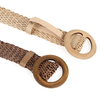 Ceinture extensible tressée en cuir PU vintage avec boucle ronde en bois pour femme