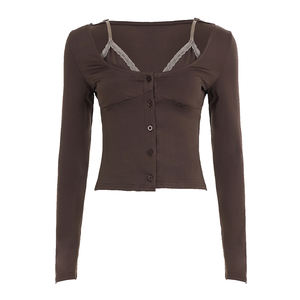 Camiseta de Manga Larga para Mujer, Ecológica, Transpirable, Estilo Dos Piezas, Color Sólido Vintage, Tejido Elástico, Cierre de Botones, Corte Ajustado - Product Image 6