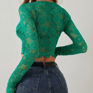 Nouveau T-shirt sexy pour femme, coupe ajustée, à manches longues, en dentelle monocouche, style pull court, tendance - Product Image 4